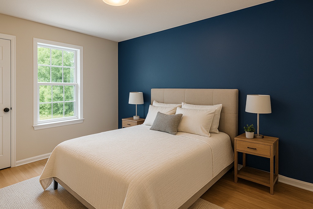 Bedroom with navy accent wall
