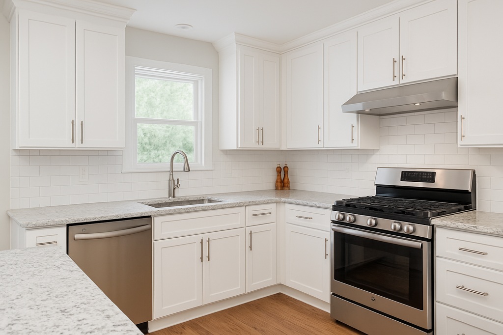 Refinished white shaker kitchen cabinets